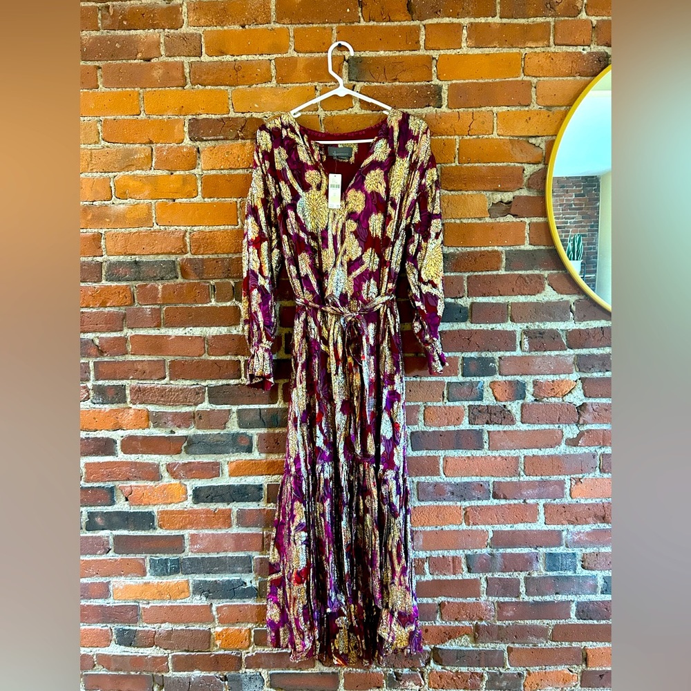 Anthropologie Gold and Magenta Floral Maxi Dress, Size XS